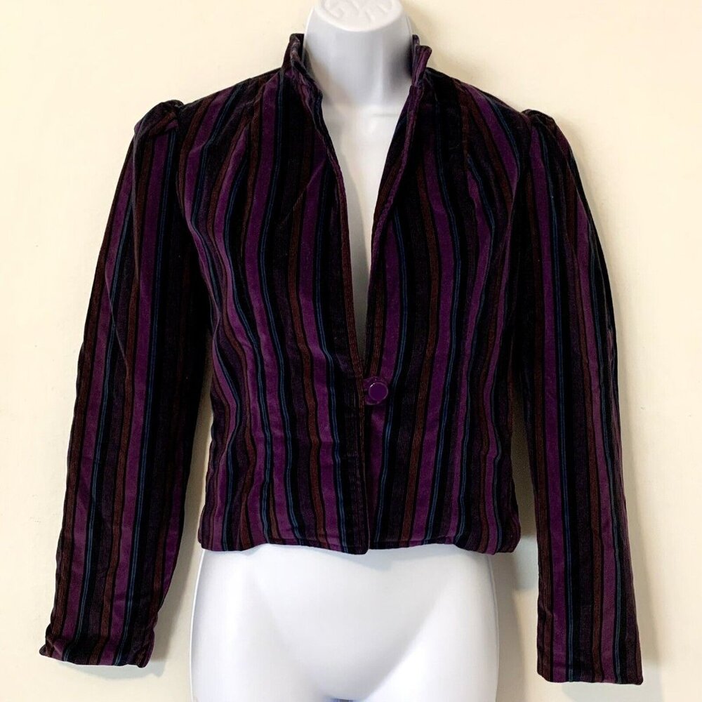 Striped Multicolor Purple Velvet Slim Jacket Balloon Sleeves By LAWRENCE 70s
